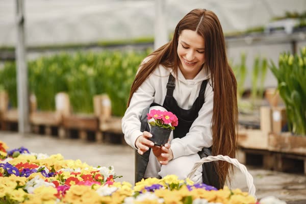 Smiling gardener in a greenhouse holding a potted plant among colorful flowers